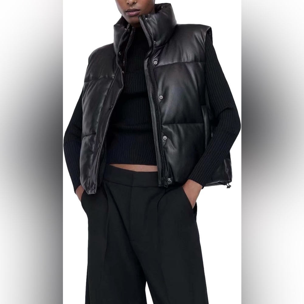 Black Faux Leather Cropped Puffer Vest